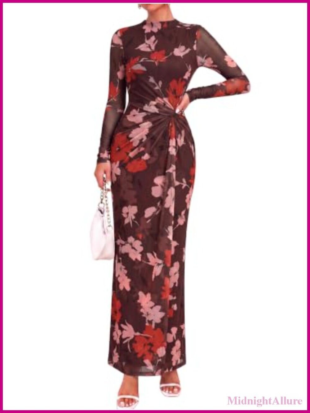 Women's Sheer Mesh Maxi Dress Mock Neck Long Sleeve Twist Knot Floral